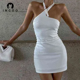 INGOO Fashion Adjuster Halter Women's Mini Dresses Sleeveless Bodycon Sexy White Wrap Dress Party Club Elegant Backless Outfits Y220214