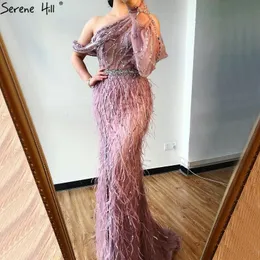 Feathers Beading Luxury Sparkle Mermaid Formell Dress Party 2020 En Shouder Wine Red Long Dresses Evening Serene Hill LJ201120