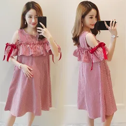 Summer Maternity Dresses Bow Sleeve Dress Clothes for Pregnant Women Daily Wearing Striped Pregnancy Clothing LJ201114