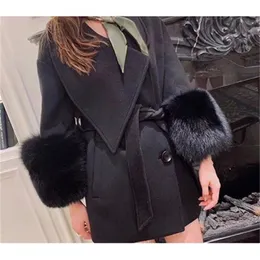 100% Real Fox Fur Sleeve Kvinnors Cashmere Coat With Belt Fashion Casual Warm Solid Färglös Kvinnor Lång jacka LJ201106