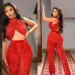 Arabiska Aso Ebi Röda Sequined Jumpsuit Bridesmaid Dresses Backless Sexy Party Andra receptionen klänningar