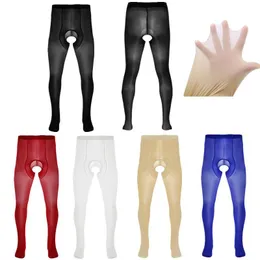 Sissy Mens Ice Silk Glossy Crotchless Pantyhose Oil Shiny Stockings Tights Hosiery Pants Underwear Erotic Lingerie272a