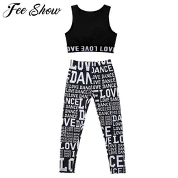Girls Ballet Dance gymnastics leotard Gym Workout Athletic Outfit Letter Printed Sleeveless O-Neck Tanks Crop Top with Leggings
