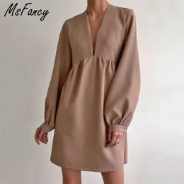 Msfancy Schwarz Langarm Dres Elegante Tiefem V-ausschnitt Tunika Vestido De Mujer Koreanische Mode Laterne Hülse Party Robe 211221