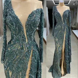 2021 Bling sexy caçador de luxo vestidos de baile de baile de jóia ilusão alta lado lado split laço de cristal sereia beading vestido de noite formal vestido