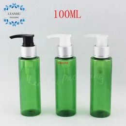 Garrafa de plástico verde 100ml com bomba de loção de prata, 100cc shampoo / sub-engarrafamento cosmético cosmético embalagem
