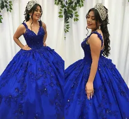 Royal Blue Sweet 16 Dresses 2021 Floral Lace Hand Made Flowers Beaded Spaghetti Applique Straps Ball Gown Vestidos De Quinceanera Party Gown