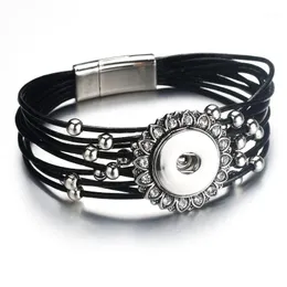 Charm Bracelets Magnet Buckle Black Rhinestone Snap Bracelet Real Genuine Leather Fit 18mm Button For Women Jewelry 91291