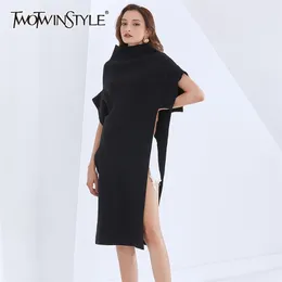 Twotwinstyle Casual Preto vestido de malha para mulheres turtleneck batwing manga lado split midi vestidos feminino 2020 outono moda lj201114