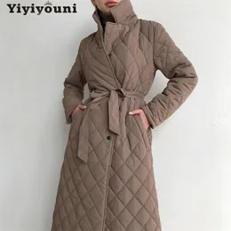 Yiyiyouni casual sólido longo algodão-acolchoado casaco mulheres Únicas faixas de peito parkas mulheres inverno winter manga jaquetas feminina 201214