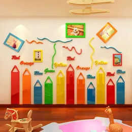 Kolorowe kredki kreskówki 3d akrylowe naklejki ścienne dla dzieci pokój dziecięcy pokój przedszkola dekoracji ramki DIY Art Decor t200111