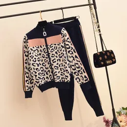 Autumn Winter New Tracksuit Women Leopard Print Zipper Cardigans Pants 2pcs Fashion Hit Color Slim Jumper Trousers Set 201110