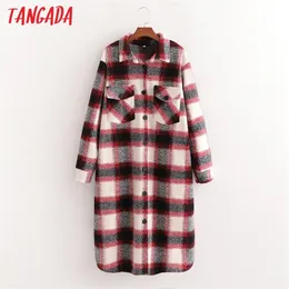 Tangada Frauen Winter Elegante Rote Plaid Muster Wollmantel Lose Taschen Weibliche Oberbekleidung Chic Mantel 1D26 201222