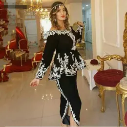 Black Karakou Algerian Aftonklänningar med Peplum Vit Lace Mermaid Side Split Prom Party Gowns Långärmade Marocko Caftan Outfit Custom