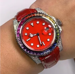 Luxo Relógios Top Clássico Assista Candy Color Diamante Mens Relógios Mecânica Automática 40mm Arco-íris Bezel Negócios Pulso de Pulso de Couro