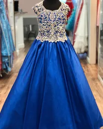 Royal Blue Satin Pageant Dress for Teens Juniors 2021 Sparkle Bling Crystals Long Pageant Gown For Little Girl Zipper Formal Party232J