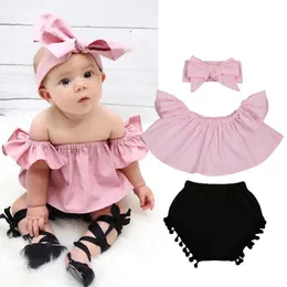 Toddler Girl Clothes Set 2020 Newborn Baby Infant Off Shoulder Tops Sleeveless T-Shirt + Shorts + Headband 3PCS Outfit Baby Clothing1