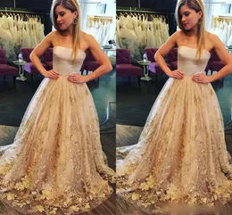 Gold Strapless Prom Dresses Embroidery Tulle Floor Length Custom Made Evening Gown A Line Graduation Party Formal Ocn Wear 403