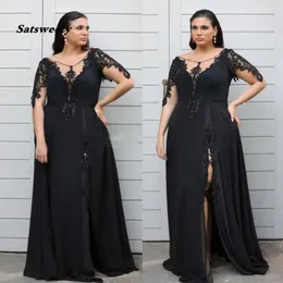 Elegante Lace Appliqued Plus Size Prom Vestidos com mangas compridas Sheer Neck Mãe da noiva vestidos de Split Evening Vestidos