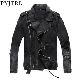 Pyjtrl Nya Mens Höst Vinter Tjocka Tappninghål Rippad Distressed Coat Black Denim Jacket för motorcykel Zippers Outwear 201123