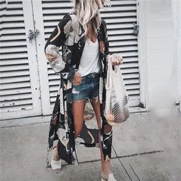 Women Vintage Floral Chiffon Shirts Loose Shawl Kimono Cardigan Boho Tops Long Sunscreen Jacket Blouse LJ200812