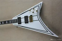 Hot Selle R Abnormity V-Shaped Dovetail Electric Guitar White Body Dark Stripes Golden