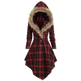 Winter Gothic Red Plaid Faux Fur Hooded Goth Back Lace-up Button Long Sleeve Plus Size Women Dress 201008