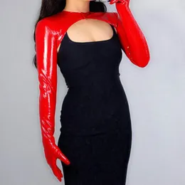 Fem fingrar handskar 2021 Latex Bolero Shine Leather Faux Patent Red Top Cropped Shrug Women Long Gloves1