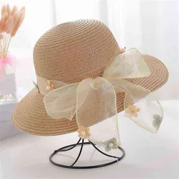Sommar strand halm hatt kvinnor flicka spets båge blomma sol hatt sol hatt stor brim g220301