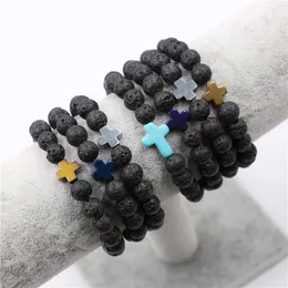 Wholesale Natural Lava Stone Prayer Beads Charms beaded Bracelets Anti-fatigue Silver Cross Volcanic Rock Men's Women's Diffuser Jewelry