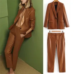 ZA Woman 2020 Leatherette Blazer 패션 프론트 플랩 포켓 가짜 가짜 가죽 코트 여성 가을 ​​단일 버튼 사무실 여성 블레이저 LJ201214