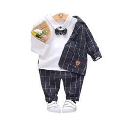 2020 New Spring Children Kids Tie Blazer Formal Cotton Gentleman Casual Boys Jackets T-Shirt Pants 3pcs/sets Infant Suit Clothes LJ200831