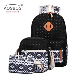 AOSBOS 3PCS / SET STEARIC PELING HOANVAS Школьные сумки для девочек-подростков Винтаж Геометрический узор Женские рюкзаки Mochila Escolar LJ201225