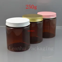 250g x 15 empty brown PET cosmetic cream jar with white / gold pink aluminum screw cap 250cc solid perfumes refillable bottleshipping