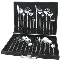 24st bestickset 304 rostfritt stål Silver servisset Kniv Dessertgaffel Sked Silver Köksservis set Black Box 201116