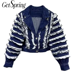 Getspring mulheres casaco enorme jeans jaquetas ruffles casacos casuais casaco patchwork denim casacos mulheres cor combinando novo 201017