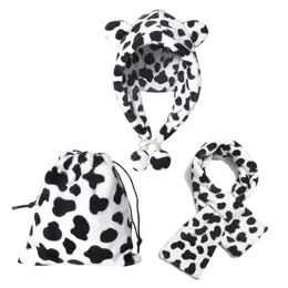 Women Winter Fuzzy Fluffy Warm Hoodie Earflap Cap Cross Collar Scarf Drawstring Storage Bag Cute Cow Print Ear Warmer