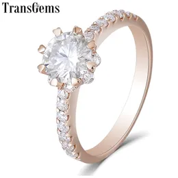 Transgems 14K 585 로즈 골드 1ct 6.5mm F 컬러 후광 약혼 반지를위한 웨딩 선물 숙녀 우아한 반지 Y200620