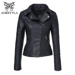 Aorryvla nova primavera outono moto moto moto zíper jaqueta recolher colarinho preto pu faux jaqueta de couro magro lady casaco básico 201028