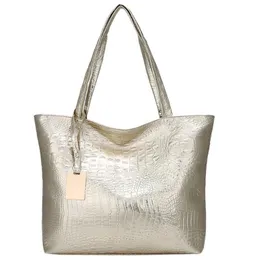Women Large Capacity Handbags Soft PU Leather Crocodile Bag Ladies Casual Shopping Tote Shoulder Bags Sac Main Sier Gold
