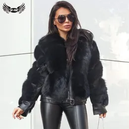 BFFUR Winter Fashion Real Fox Fur Coats For Women Locomotive Style Genuine Sheep Leather Jacket Natural Fox Fur Coat Female 201212