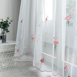 Cortinas cortinas cortinas de tule nórdico para sala de estar transparente transparente com bordado flamingo de gaze branca cortina de voz de quarto1