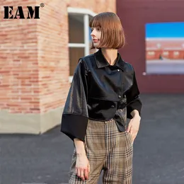 [EAM] Loose Fit Black Asymmetrical Pu Leather Jacket New Lapel Long Sleeve Women Coat Fashion Tide Spring Autumn 1H079 201210