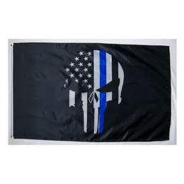 Police Memorial Punish Skull Flags 3x5ft US Thin Blue Line Policemen Support 100D Polyester With Brass Grommets