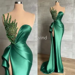 2022 Hunter Green Mermaid Evening Dresses For African Women Long Sexy Side High Split Shiny Beads Sleeveless Formal Party Illusion Prom Party Gowns EE