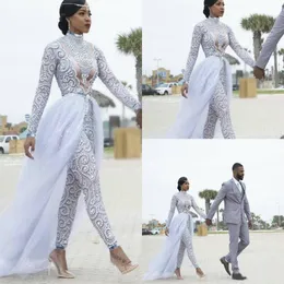 2023 Wedding Dress Gorgeous Jumpsuits With Detachable Train High Neck Beads Crystal Long Sleeves Modest Dresses African Bridal Gow2559