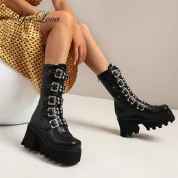 Vinter Sexig Spänne Kvinnor Mid Kalv Stövlar Läder Block Heel Gothic Black Punk Style Platform Skor Kvinna Skodon Storlek 35-42 201217