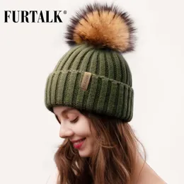 Furtalk Real Fur Pompom Beanie Hat Women Winter編み帽子温かい本物の大きなアライグマポンポンポンポンポンポン