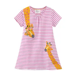 Summer Girls Dresses Cotton Giraffe Embroidery Short Sleeve Stripe Cute Children's Clothes Toddler Frocks Costume