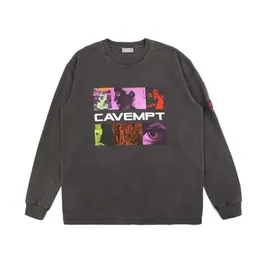 남성용 후드 땀 셔츠 조수 브랜드 Cavempt Wash 사용 페이스 스팀 웨이브 인쇄 CE 긴 슬리브 바닥 Tshirt 얇은 스웨터